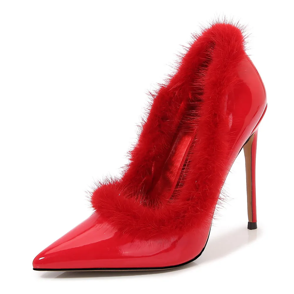 Women's Pointed Toe Furry Shallow Stiletto Heel Pumps