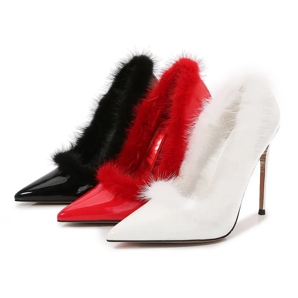 Women's Pointed Toe Furry Shallow Stiletto Heel Pumps