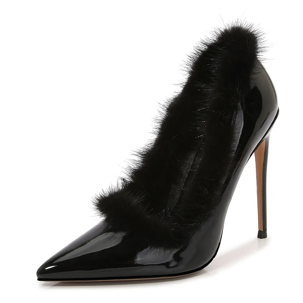 Women's Pointed Toe Furry Shallow Stiletto Heel Pumps