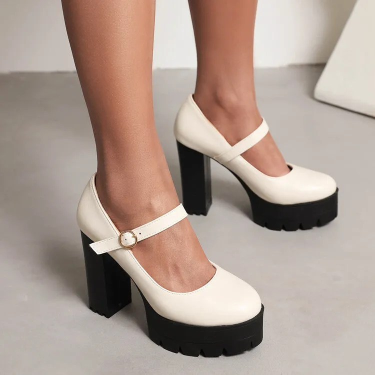 Women's Pumps Pu Leather Round Toe Mary Janes Belts Buckles Block Heel Platform Chunky Heels Shoes