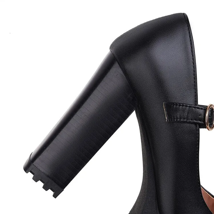 Women's Pumps Pu Leather Round Toe Mary Janes Belts Buckles Block Heel Platform Chunky Heels Shoes