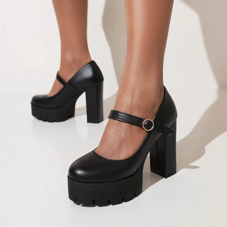 Women's Pumps Pu Leather Round Toe Mary Janes Belts Buckles Block Heel Platform Chunky Heels Shoes