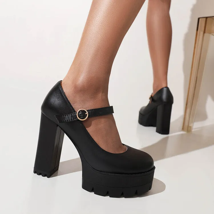 Women's Pumps Pu Leather Round Toe Mary Janes Belts Buckles Block Heel Platform Chunky Heels Shoes