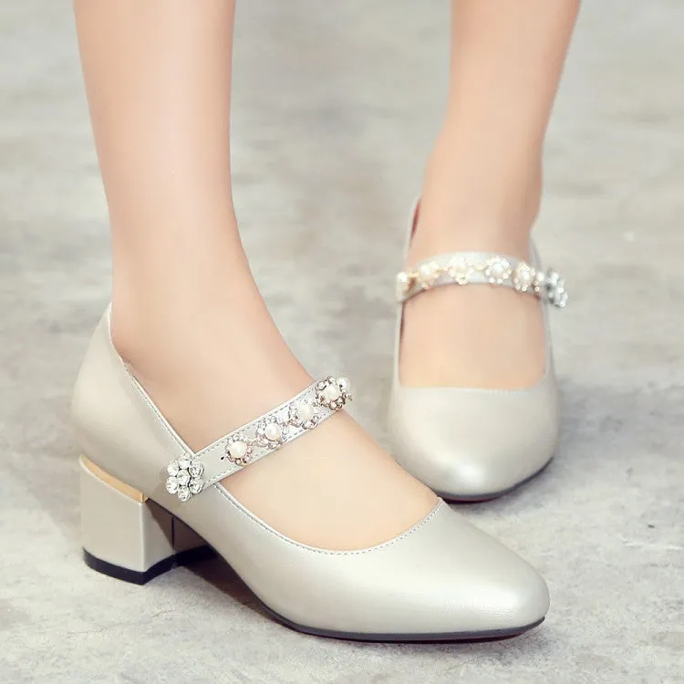 Women's Rhinestone Mary Jane High Heeled Chunky Heels Pumps