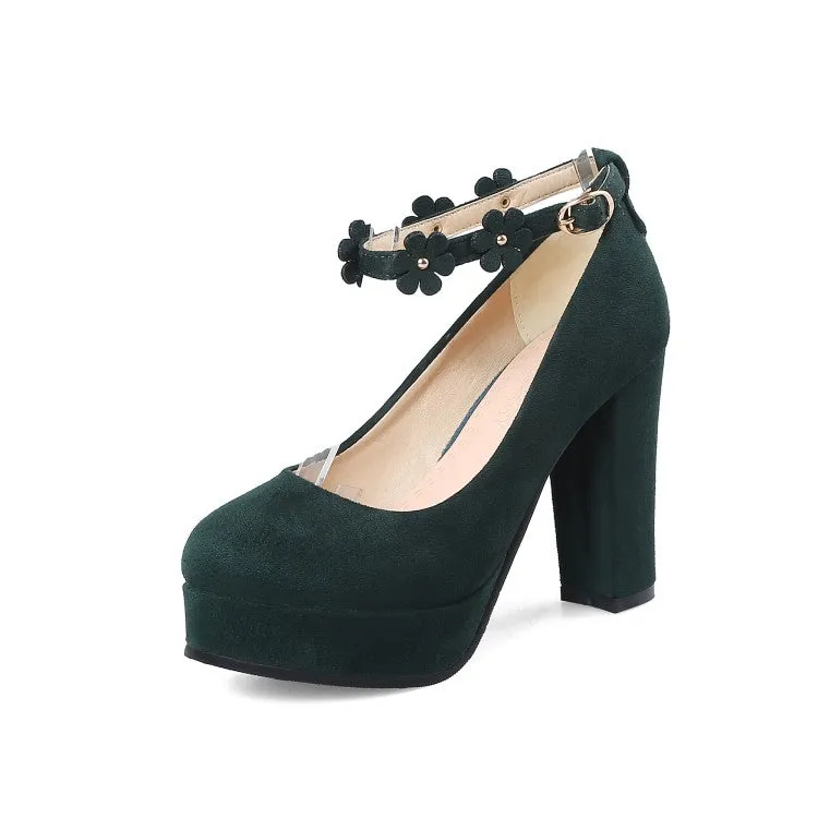 Women's Shallow Sunflower Ankle Strap Chunky Heel Platform Pumps