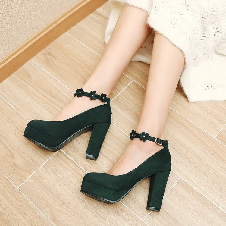 Women's Shallow Sunflower Ankle Strap Chunky Heel Platform Pumps